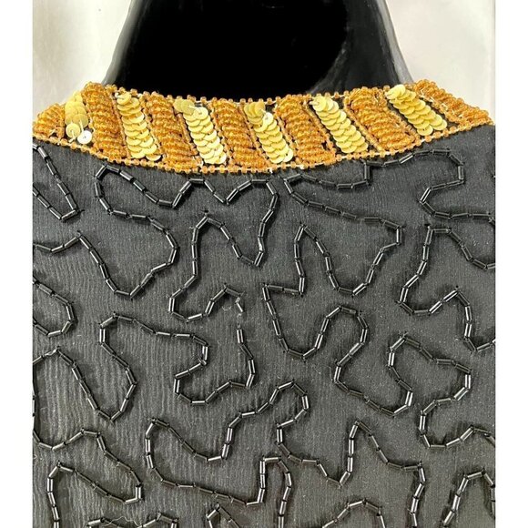Vintage Laurence Kazar Heavy Sequined Silk Gold Black Evening Jacket XL Military - Picture 7 of 14